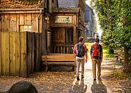 , Zwei Wanderer genießen einen sonnigen Spaziergang im Harz.