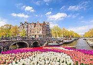 , Amsterdam-Kanal mit Tulpen und historischen Gebäuden im Frühling., Tulpenblüte an Amsterdams Grachten im Frühling.