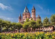 Mainzer Dom mit blühenden Gärten unter strahlend blauem Himmel.
