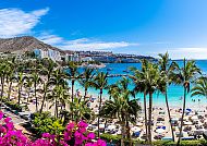 Strandpanorama bei Las Palmas mit Palmen und blauem Meer.